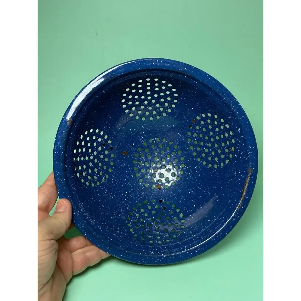 Vintage Teal Blue Speckled Graniteware Enamelware Colander Farmhouse Rustic Prim